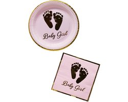 Papieren Bordjes 8 stuks + bijpassende Servetten 20 stuks - Roze/Goud - Baby Meisje decoratie - Babyshower/Gender reveal - Wegwerpbordjes+ servetten - ø18 cm - Wegwerp servies - Borden - feestartikelen.
