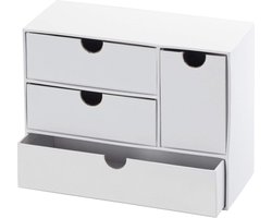Papieren doos ladekast, breed, wit, ongeveer 21 x 9,5 x 16 cm, met 4 laden.