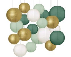 Papieren Lantaarns in Donkergroen, lichtgroen, Goud en Wit - Kleurige Papieren Lantaarns - Ronde Lampions - Hangende Lampions decoratie - Feestelijke Decoratie - Feestelijke sfeer - 20 Stuks - voor Buiten, Tuin, Bruiloften en Feestdecoratie