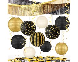 Papieren lantaarns van zwart goud, Zwarte en gouden verjaardagsdecoraties, Oudejaarsavond decoraties, folie gordijn en confetti