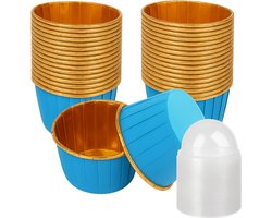 Papieren Muffin Bakjes - 50 stuks - Blauw-goud design - Met transparante deksels - (breedte) 50mm x 40mm (hoogte)
