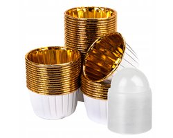 Papieren Muffin Bakjes - 50 stuks - Wit-goud design - Met transparante deksels - (breedte) 50mm x 40mm (hoogte)