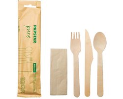 Papstar Bestekset Hout - 4in1 - Mes Vork Lepel Servet - In Papieren Sleeve - 30 stuks