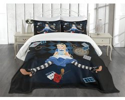Parade Home Alice in Wonderland Beddenspreiset- 170x220cm unieke beddensprei en 75x50cm kussensloop- eenpersoons- Zwart, blauw- Bijzondere beddengoed- slaapkamer- spreien-wonen-slapen