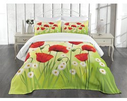 Parade Home Papaver Beddenspreiset- 220x220cm unieke sprei en 2x 75x50cm kussenslopen- Tweepersoons- Geel, groen en rood- Bijzondere beddengoed- slaapkamer- spreien-wonen-slapen