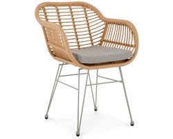 PARAMO tuinstoel van polyrattan, bruin/grijs - moderne eetkamerstoel in rotanlook, keukenstoel met zitkussen, rieten stoel met stevig metalen frame