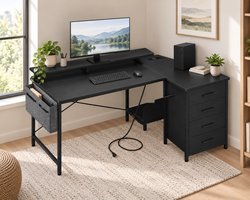 Parasha Nova Bureau hoekbureau met 4 stoffen laden, 140x80cm omkeerbaar L-vormig bureau met 2 USB-oplaadpoorten en 2 stopcontacten - L-vormige tafel met monitorplank voor thuiskantoor