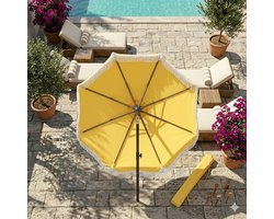 Parasol 200 cm rond balkon & strand – boho franje design, kantelbaar, UPF 50+ UV-bescherming, windbestendig, met grondpen, lichte kleur (melkwit) – Urbanhome