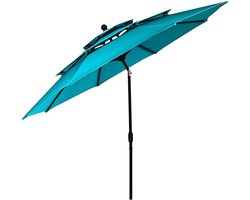 Parasol, diameter 300 cm, 3-laags terrasparasol met 8 ribben en zwengelmechanisme, kantelbare tuinparasol met zonwering voor balkon, strand en zwembad, turquoise