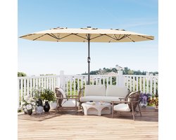 Parasol Groot Rechthoekig met Voet - 450x270cm - LED Verlichting - UV-bescherming - Windbestendig - Eenvoudige Montage - Buiten Marktparasol met Draaimechanisme en Basis, Kaki