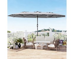 Parasol Groot Rechthoekig met Voet - 450x270cm - LED Verlichting - UV-bescherming - Windbestendig - Eenvoudige Montage - Buiten Marktparasol met Draaimechanisme en Basis, Grijs