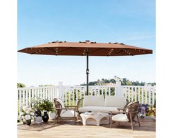 Parasol Groot Rechthoekig met Voet - 450x270cm - LED Verlichting - UV-bescherming - Windbestendig - Eenvoudige Montage - Buiten Marktparasol met Draaimechanisme en Basis, Bruin