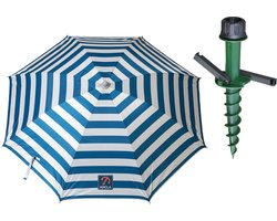 Parasol met dikke grondharing 44 cm - blauw/wit gestreept - polyester - Dia 180 cm - verstelbaar - Speciaal voor strand