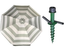 Parasol met dikke grondharing 44 cm - zilver/wit gestreept - polyester - Dia 180 cm - verstelbaar - Speciaal voor strand