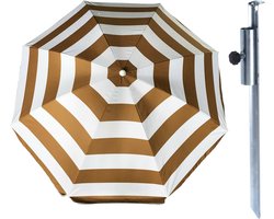 Parasol met metalen grondharing - goud/wit gestreept - polyester - Dia 140 cm - verstelbaar - Tuin - Strand - Camping - UV straling bestendig