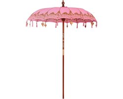 Parasol, rotan, hout, bamboe, exclusieve handgemaakte ronde parasol met decoratieve klokken en kwastjes, crèmekleur, 185 x 185 cm, uv-bescherming voor tuin, terras en zomerfeest