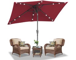 Parasol - Tuin - 140x210 cm - Stokparasol - met LED - UPF 50+ - 30° Kantelbaar - Waterdicht - Balkonparasol - Zweefparasol - Rood