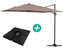 Parasol vrijhangend tuin zweefparasol Aluminium "Sun 3" - Vierkant - 3 x 3 m - Taupe - grijs bruin - Inclusief parasolvoet tegel / parasoltegels