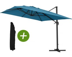 Parasol vrijhangend tuin zweefparasol Aluminium "Sun 4" - Rechthoekig - 3 x 4 m - Blauw + beschermhoes parasol