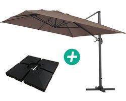 Parasol vrijhangend tuin zweefparasol Aluminium "Sun 4" - Rechthoekig - 3 x 4 m - Taupe - grijs bruin - Inclusief parasolvoet tegel / parasoltegels