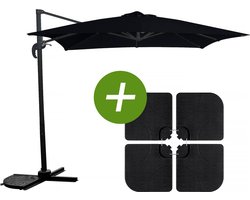 Parasol vrijhangend tuin zweefparasol "Soleil" - Vierkant - 2,5 x 2,5 m - Zwart + inclusief parasolvoet tegel / parasoltegels
