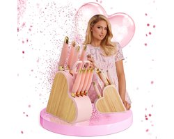 Paris Hilton Messenset van roestvrij staal met robuust bamboe messenblok, ideaal voor elke keuken, hoge snijprecisie en duurzaam design, roze