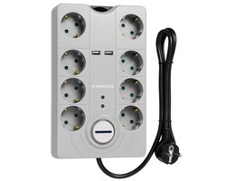 PARKSIDE® Stekkerdoos met Overspanningsbeveiliging - 8 Stopcontacten - 2 USB Poorten (2,1A) - 2 Meter Kabel - Schakelaar met Verlichting - 3680W - Grijs/Zwart