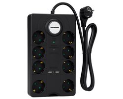 PARKSIDE® Stekkerdoos met Overspanningsbeveiliging - 8 Stopcontacten - 2 USB Poorten (2,1A) - 2 Meter Kabel - Schakelaar met Verlichting - 3680W - Zwart