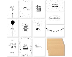 Partizzle 36x Verjaardagskaarten Met Envelop - Zwart en Wit - Verjaardagskaart Versturen - Volwassenen - Duurzaam - 15x10 cm / Minimalistich