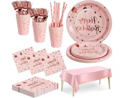 Party Set voor 20 Personen in Roze en Goud - Feestelijke Tafelaccessoires voor Kinderfeestje met Papieren Borden, Bekers, Servetten, Tafellaken en Herbruikbare Bestek - Verjaardagsdecoratie en Feestversiering