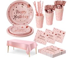 Party Tableware voor 20 Personen - Roze en Gouden Verjaardag - Feestset voor Kinderfeestjes met Papieren Borden, Bekers, Servetten, Tafelkleed en Herbruikbaar Bestek - Verjaardagsdecoratie