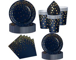 Party Tafelgerei - 50 Stukken - Navy Blauw Gouden Kartonnen Borden - Verjaardagsset met Wegwerp Papier Borden, Servetten & Bekers voor Verjaardagen - Barbecues - Picknicks - Feesten