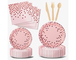 Party Tafelversiering - 144 Stuks Roze en Roségouden Borden voor Verjaardagsfeesten - Feestbenodigdheden Set Inclusief Papieren Borden, Servetten, Verjaardagsdecoraties, Bestek, Doop