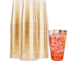 Partybekerset, 50 stuks, 295 ml, feestbekers, 50 transparante plastic bekers met gouden glitter, 295 ml har, dessertbekers, duurzaam en herbruikbaar