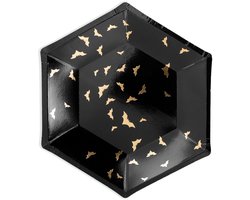 PARTYDECO - 6 kartonnen borden zwarte en gouden vleermuizen 20 cm zeshoekig