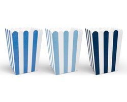 Partydeco Gestreepte popcorn bakjes blauw - 6x stuks - 7,5 x 7,5 x 12,5 cm - Snoep bakjes