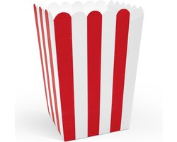 Partydeco Popcorn/snoep bakjes - 6x - rood gestreept - karton - 7 x 7 x 12 cm - feest uitdeel bakjes