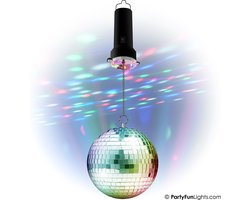 PartyFunLights - Roterende Spiegelbol Partyset met Multi-Color LED - inclusief motor - 20cm spiegelbol - 8 lichtpunten
