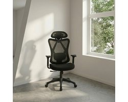 Parya Home Ergonomische Bureaustoel – Verstelbare computerstoel met lendensteun en hoofdsteun, belastbaar tot 150 kg, in hoogte verstelbaar, zwart