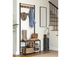 Parya Home Garderoberek met Bank – Kapstok met schoenenrek, haken en metalen frame, industriële stijl, 175 cm hoog, notenbruin-zwart