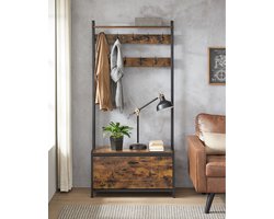Parya Home Kapstok met schoenenkast - kapstok met bank - kledingrek - schoenenrek - 9 haken - bovenste plank - voor hal - slaapkamer - industrieel design - vintage bruin - zwart