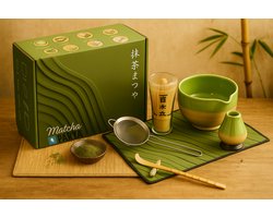 Parya - Matcha Set – 7-Delig – Matcha Thee Set Compleet – Inclusief Kom – Bamboe Klopper – Houder – Zeefje en Accessoires – Keramiek – Groen – Luxe Geschenkdoos
