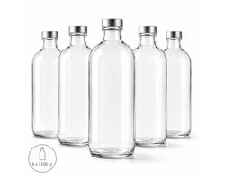 Pasabahce Iconic Glazen Flessen Set 6 stuks – 1100 cc per fles – Transparante Waterfles met Metalen Dop – Glazen Karaf voor Water, Sap en Limonade – 1,1 Liter – Serveersefles voor Keuken en Tafel