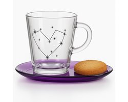 Paşabahçe Thee mok met Schotel – 400 ml Glas – kop en schotel - koffie - cappuccino - Paars Ovaal Onderbord – Hart Design