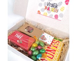 Pasen chocolade cadeau pakket - "Vrolijk Pasen" - chocolade paaseitjes - thee - snoepmix - paascadeautje - chocolade cadeau