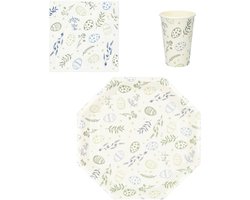 Pasen Feestset - 8x Borden 8x Bekers 20x Servetten - Multicolor - Karton - Assorti - Wegwerp - Eieren - Hazen