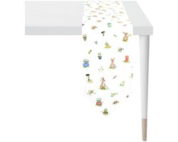 PASEN - Tafelloper met haasjes - 25 x 175 cm - Paastafelloper met haas eitjes lentebloemen etc.
