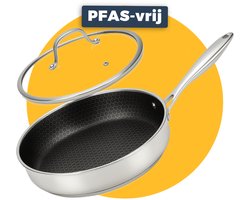 Pasper Hapjespan Ø 28 cm met deksel - PFAS & PTFE vrij - Inductie, Elektrisch, Keramisch & Gas - RVS Honingraat Anti-Aanbakpan Sauteerpan
