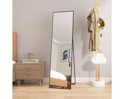 Passpiegel 140x40 cm - Grote wandspiegel met multifunctionele aluminium lijst (hangend/zittend/staand), Passpiegel voor badkamer, slaapkamer, hal of woonkamer, zwart
