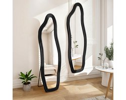 Passpiegel 160x50cm - Golvende spiegel met fluwelen lijst - Wandspiegel - Staande Spiegel - Modern - Zwart